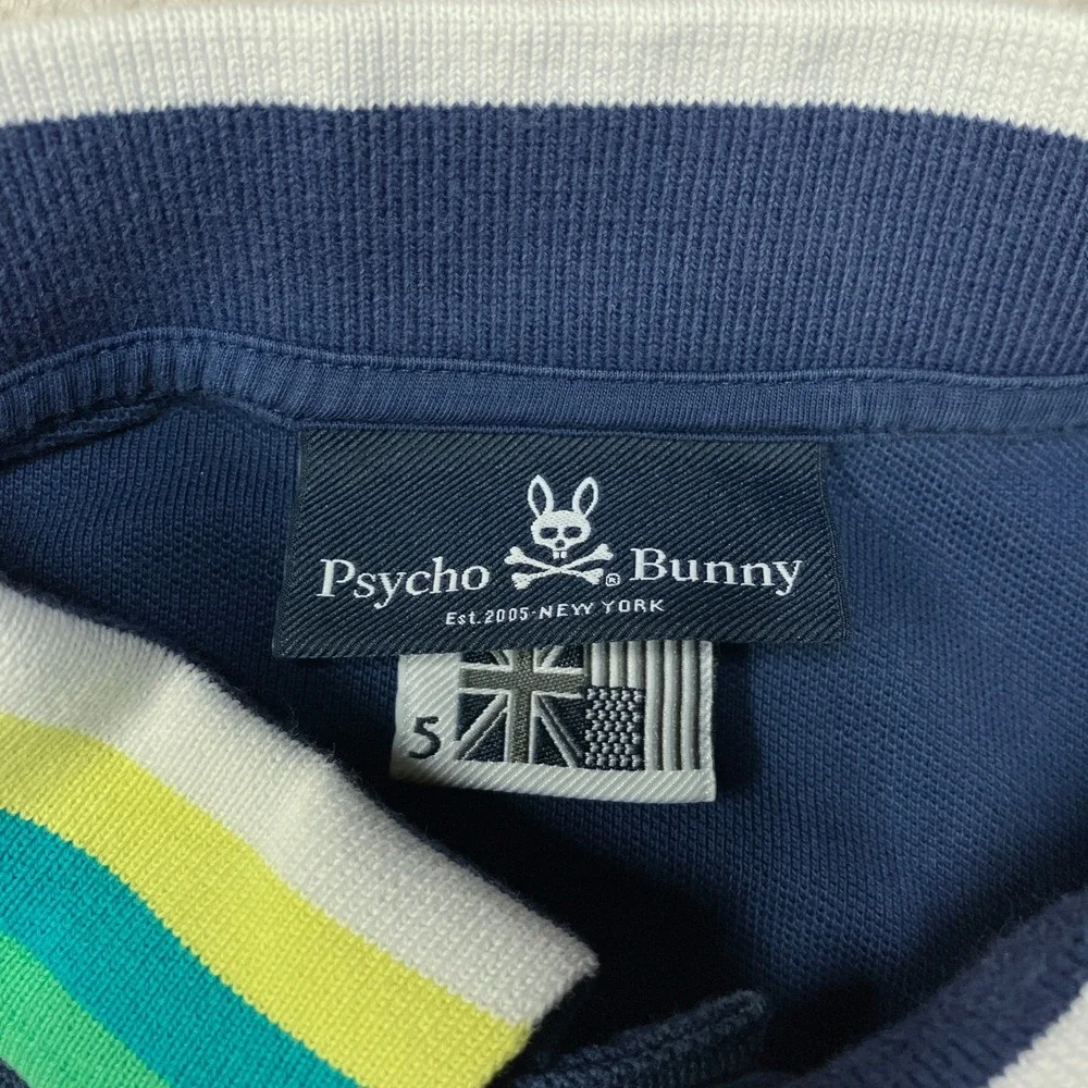 Psycho Bunny Polo Shirt Logo Navy Blue Striped Collar Peru Mens Size 5 L